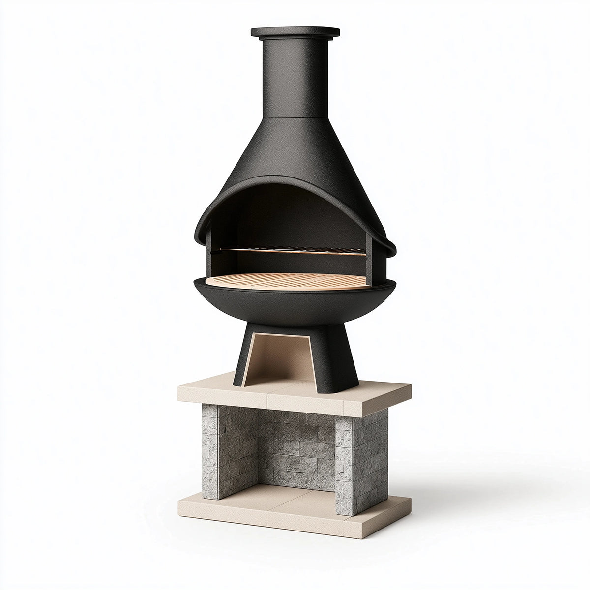 Barbecue de jardin 120 x 70 x 230 cm en acier noir et pierre pour grillades style cheminée