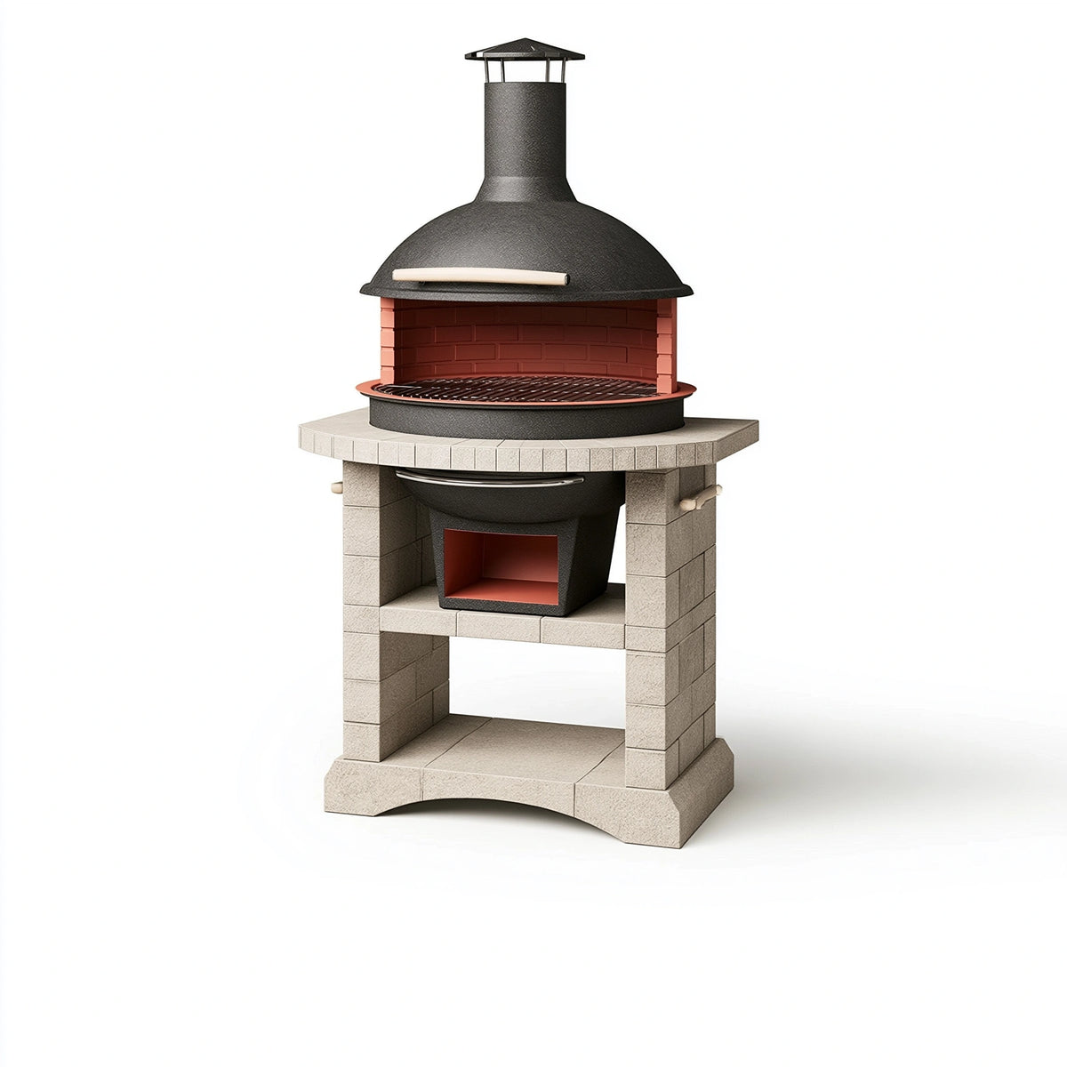 Barbecue de jardin 120 x 80 x 210 cm en pierre et acier noir à charbon avec cheminée