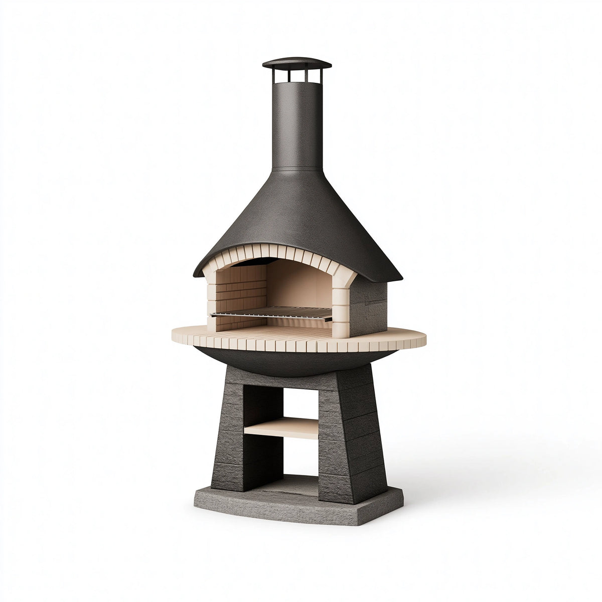 Barbecue de jardin diamètre 100 cm acier noir avec foyer en briques style cheminée