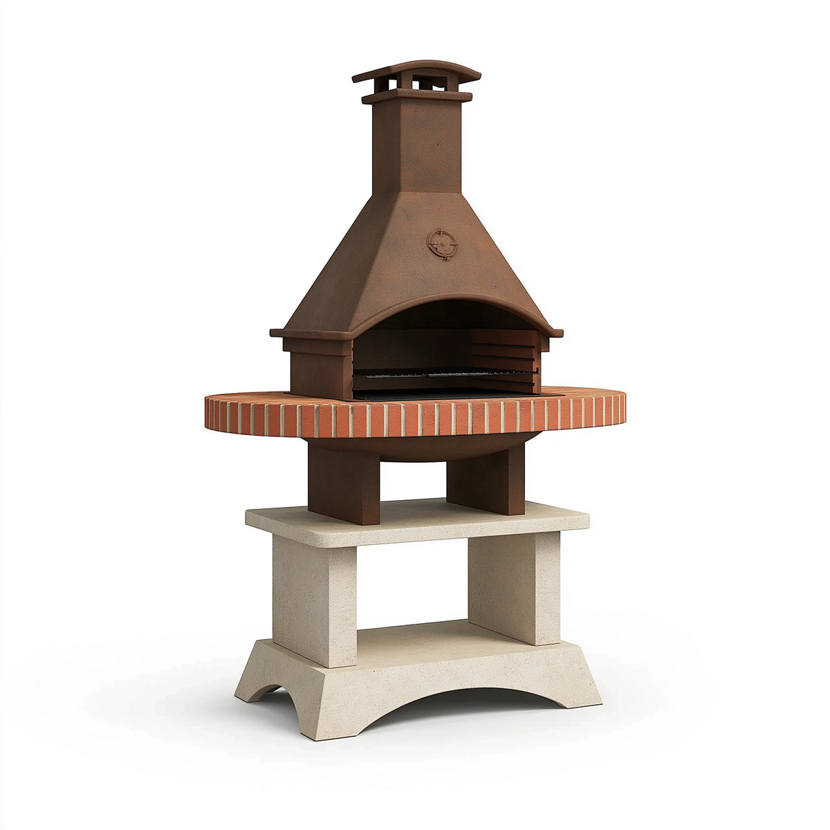 Barbecue de jardin 120 x 70 x 210 cm en béton brun et beige avec cheminée style traditionnel