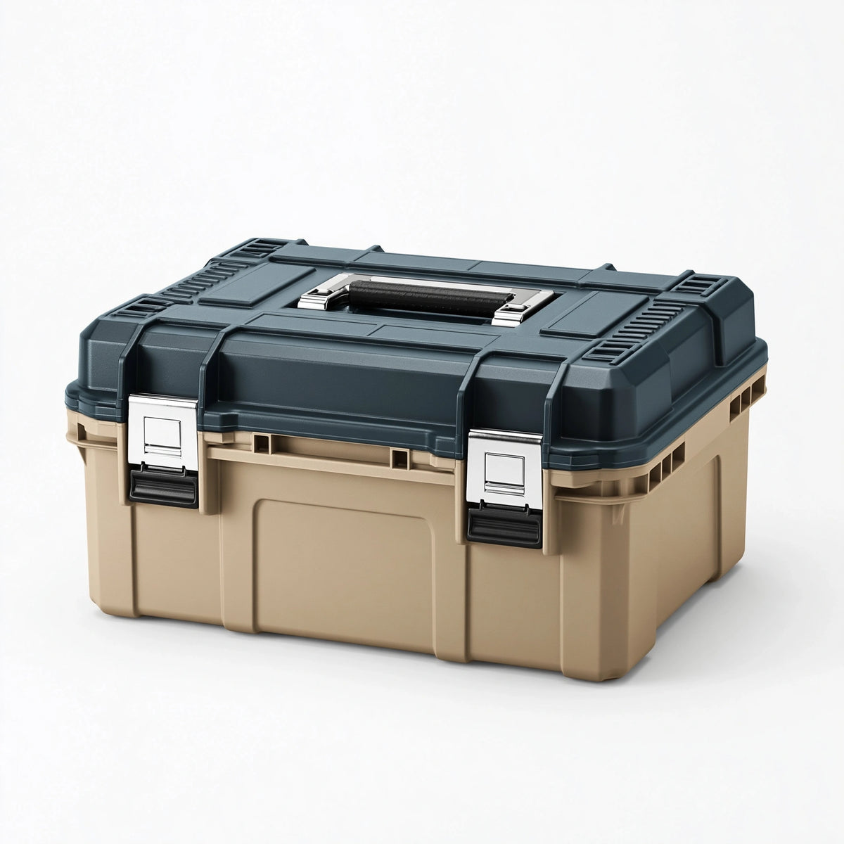 Mallette de rangement 48 cm en plastique beige et bleu avec poignée et fermoirs