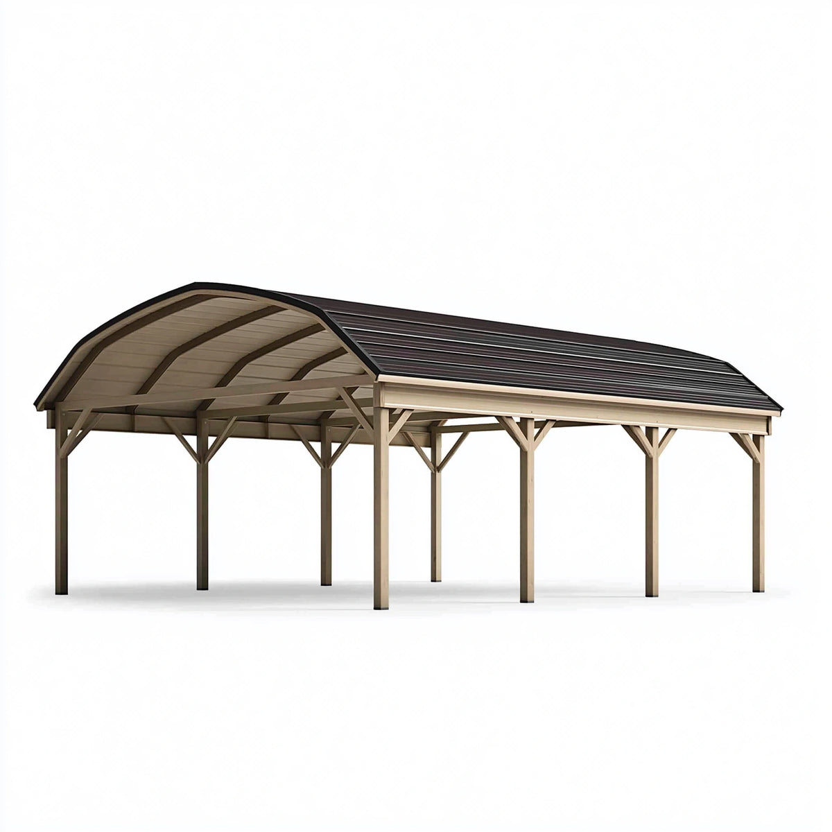 Abri de voiture 600 x 300 x 260 cm en métal beige et toit polycarbonate foncé - structure extérieure arquée