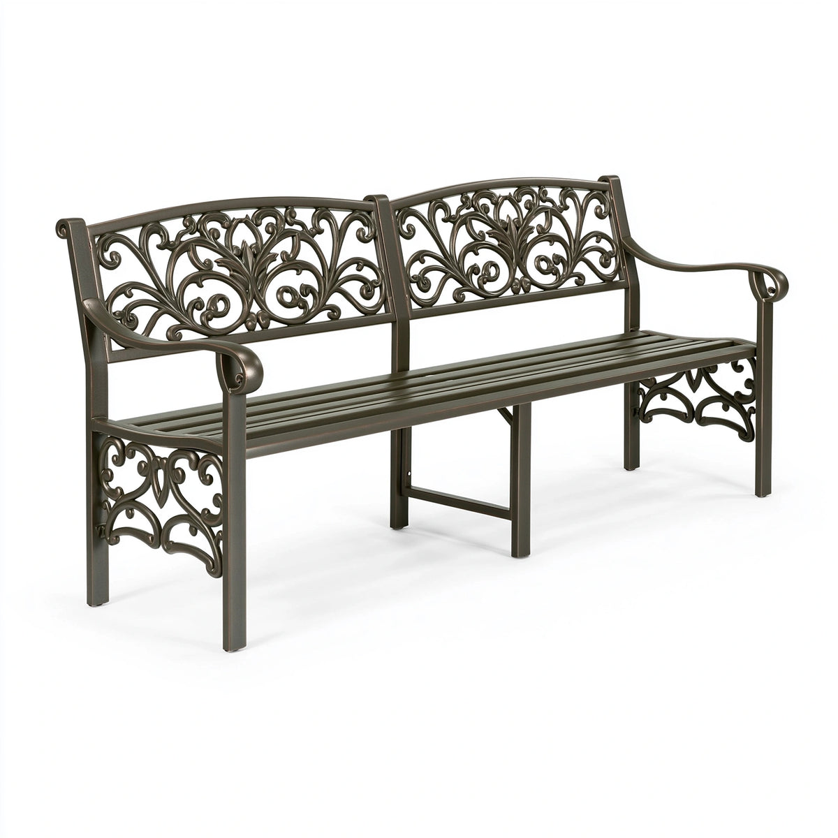 Banc de jardin 150 cm en métal bronze à motif floral style classique